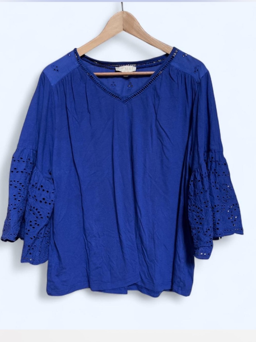 Royal Blue Eyelet-Sleeve V-Neck Women's Top